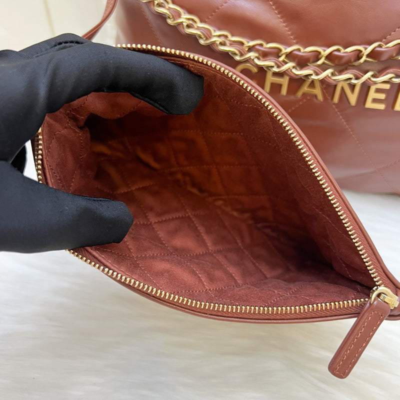 Chanel 22 Small Hobo Handbag in 24A Cognac Brown Shiny Calfskin and AGHW (Model: AS3260)