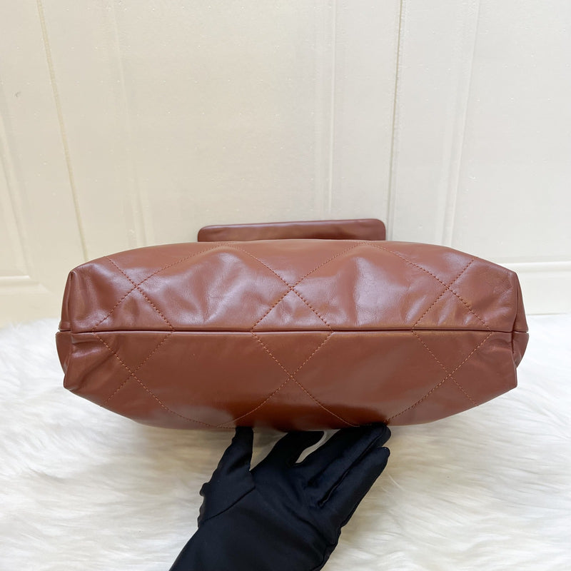 Chanel 22 Small Hobo Handbag in 24A Cognac Brown Shiny Calfskin and AGHW (Model: AS3260)