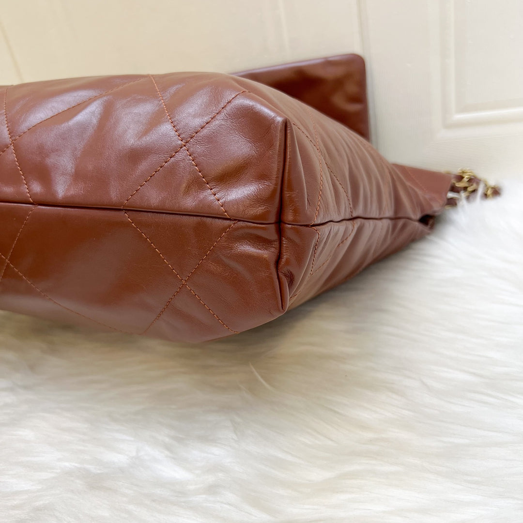 Chanel 22 Small Hobo Handbag in 24A Cognac Brown Shiny Calfskin