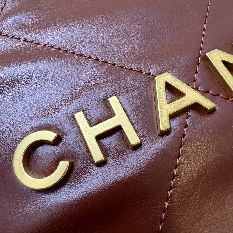 Chanel 22 Small Hobo Handbag in 24A Cognac Brown Shiny Calfskin and AGHW (Model: AS3260)