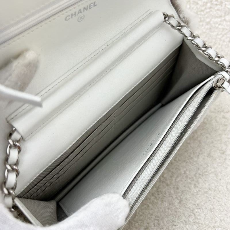 Chanel Wallet on Chain WOC in Shearling, White Leather and SHW