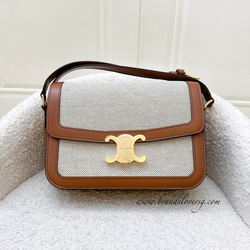 Celine Classique Triomphe Bag in Natural Textile and Tan Calfskin and GHW