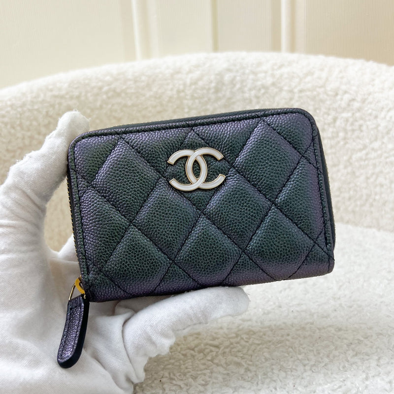 Chanel Classic Zippy Card Holder in Iridescent Black / Grey Caviar with "MOP" Logo