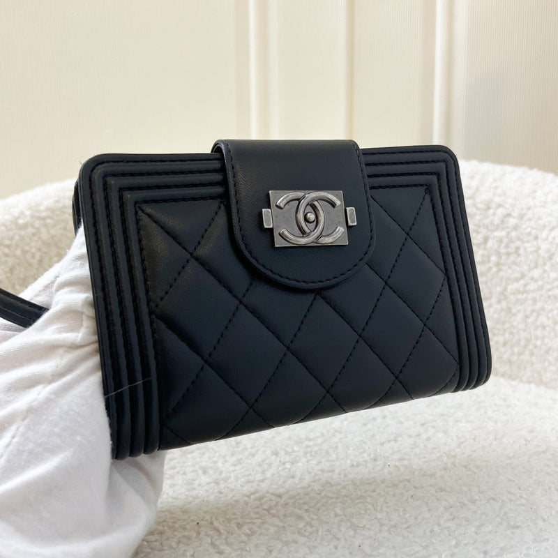 Chanel Boy Mid-length Medium Wallet in Black Lambskin and RHW