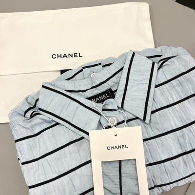 Chanel 25S Long Sleeved Shirt in Blue with Black Stripes 100% Silk (Model: P79458)