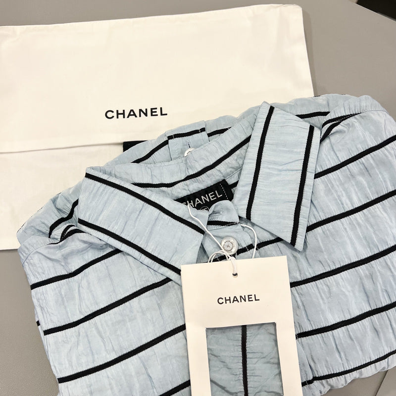 Chanel 25S Long Sleeved Shirt in Blue with Black Stripes 100% Silk (Model: P79458)