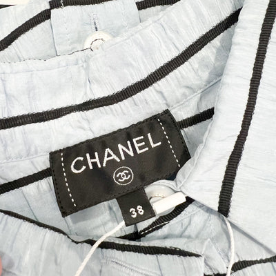 Chanel 25S Long Sleeved Shirt in Blue with Black Stripes 100% Silk (Model: P79458)