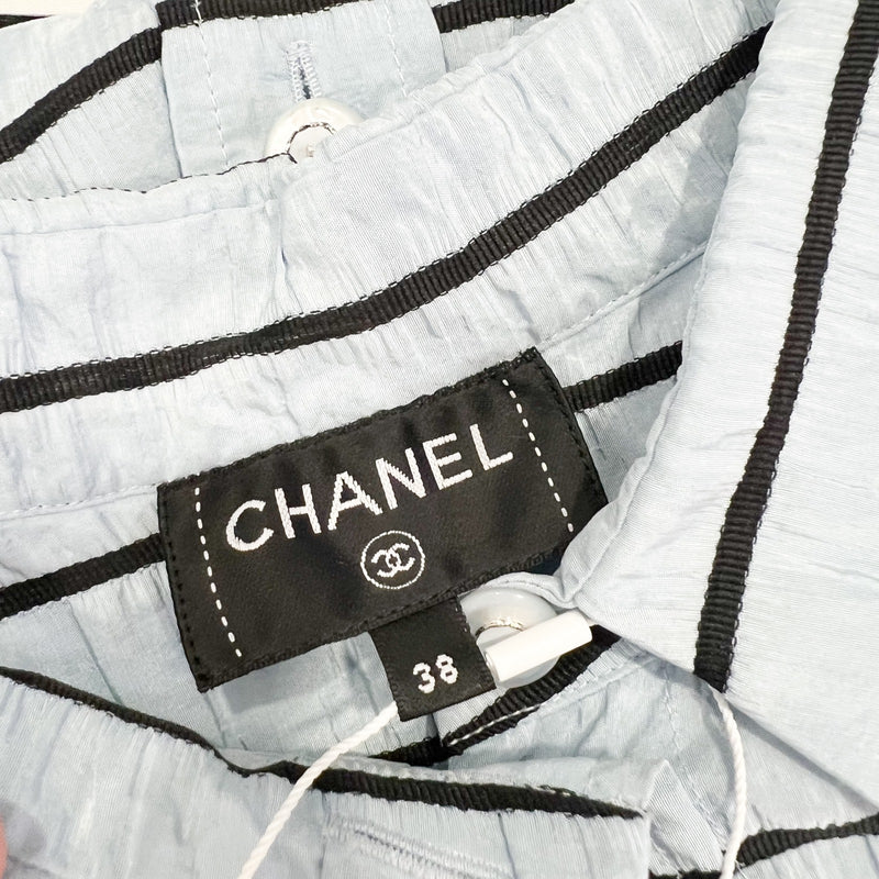 Chanel 25S Long Sleeved Shirt in Blue with Black Stripes 100% Silk (Model: P79458)