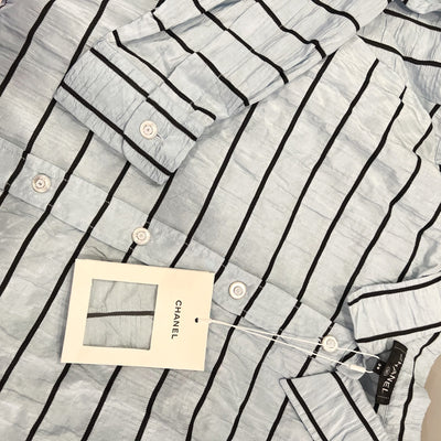 Chanel 25S Long Sleeved Shirt in Blue with Black Stripes 100% Silk (Model: P79458)
