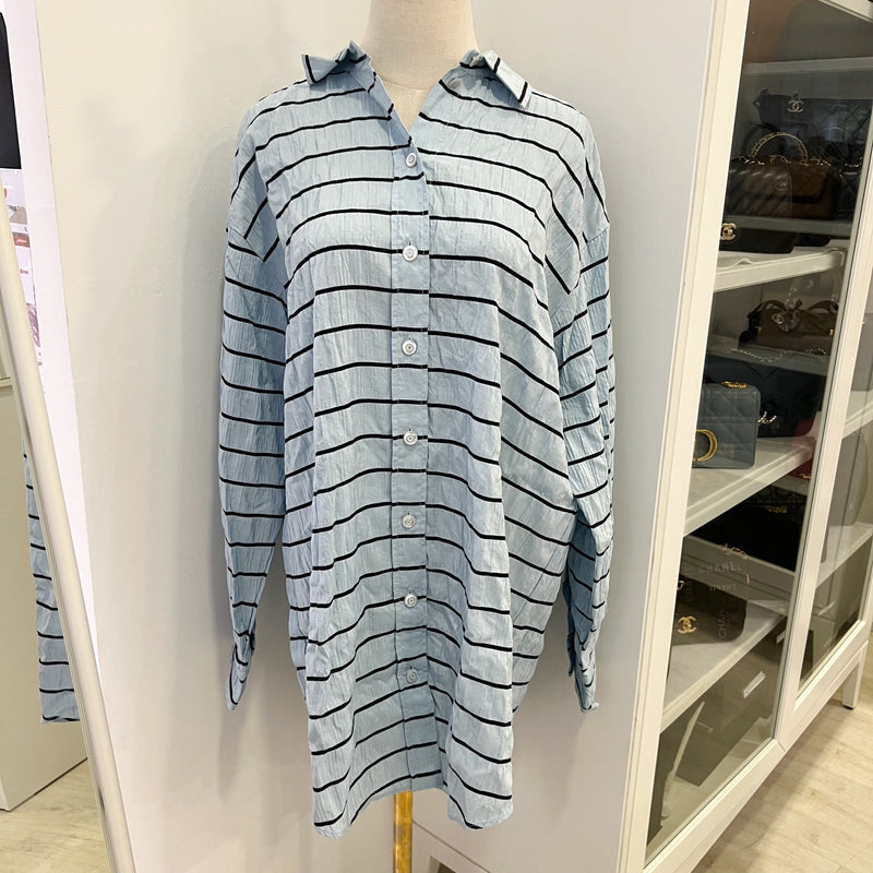 Chanel 25S Long Sleeved Shirt in Blue with Black Stripes 100% Silk (Model: P79458)