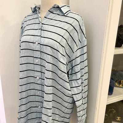 Chanel 25S Long Sleeved Shirt in Blue with Black Stripes 100% Silk (Model: P79458)