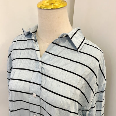 Chanel 25S Long Sleeved Shirt in Blue with Black Stripes 100% Silk (Model: P79458)