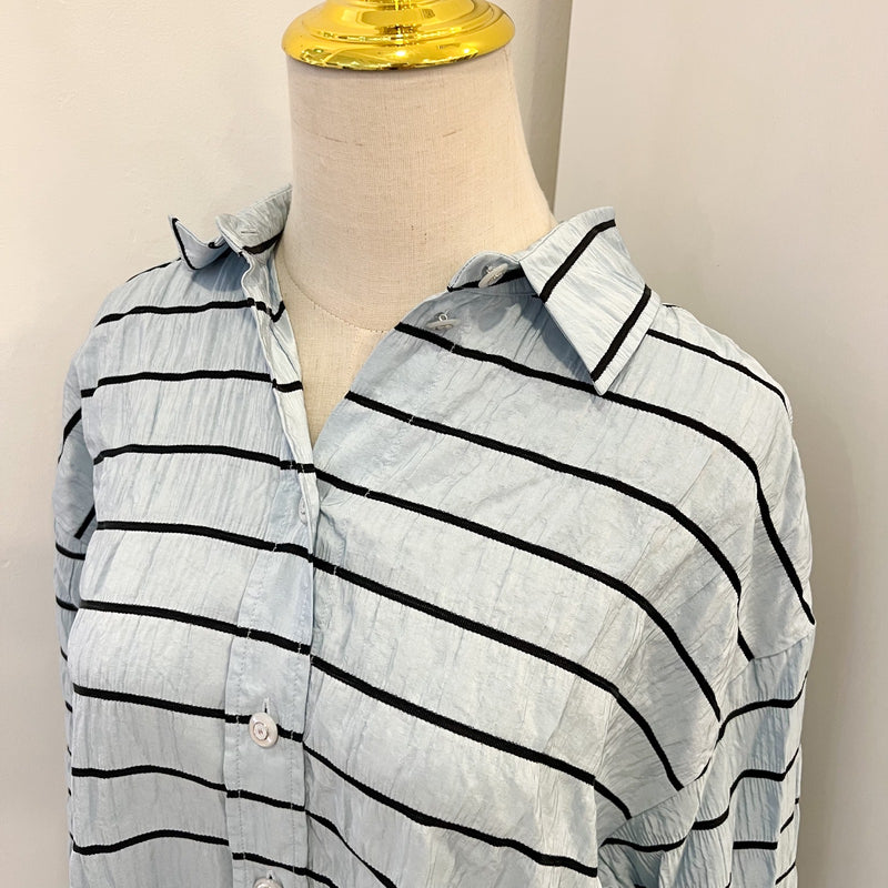 Chanel 25S Long Sleeved Shirt in Blue with Black Stripes 100% Silk (Model: P79458)
