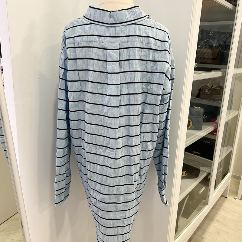 Chanel 25S Long Sleeved Shirt in Blue with Black Stripes 100% Silk (Model: P79458)