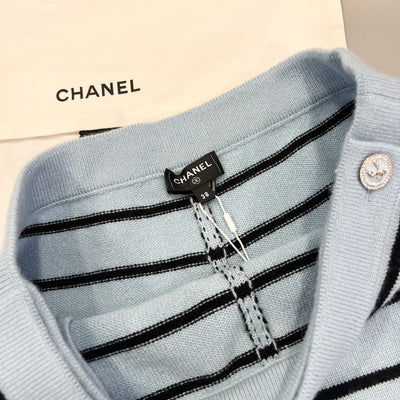 Chanel 25S Baby Blue Knitted Striped Skorts in 100% Cashmere (Model: P79614)