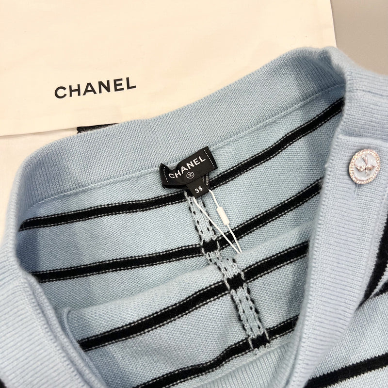 Chanel 25S Baby Blue Knitted Striped Skorts in 100% Cashmere (Model: P79614)