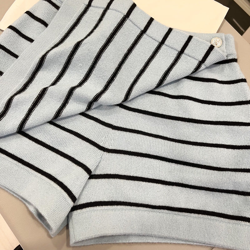 Chanel 25S Baby Blue Knitted Striped Skorts in 100% Cashmere (Model: P79614)
