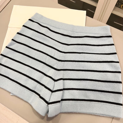 Chanel 25S Baby Blue Knitted Striped Skorts in 100% Cashmere (Model: P79614)