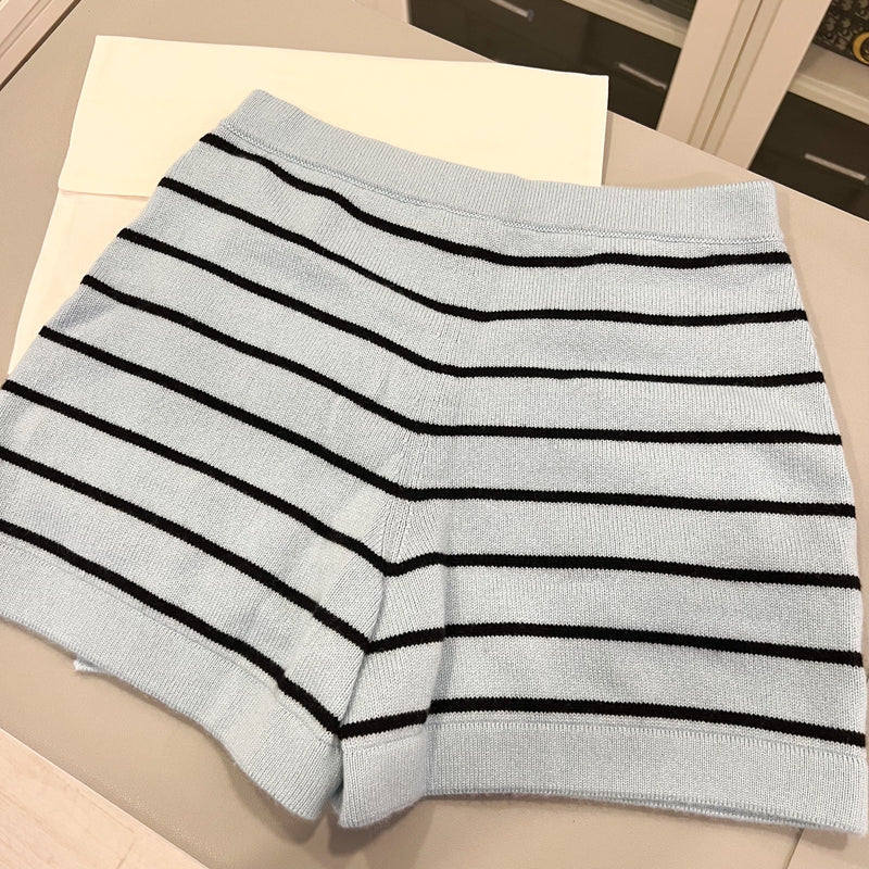 Chanel 25S Baby Blue Knitted Striped Skorts in 100% Cashmere (Model: P79614)