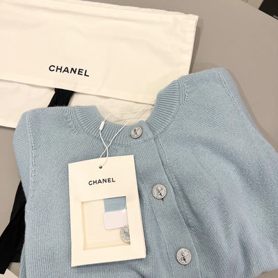 Chanel 25S Knitted Cardigan in Baby Blue 100% Cashmere (Model: P79549)