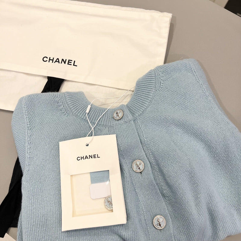 Chanel 25S Knitted Cardigan in Baby Blue 100% Cashmere (Model: P79549)