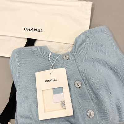 Chanel 25S Knitted Cardigan in Baby Blue 100% Cashmere (Model: P79549)