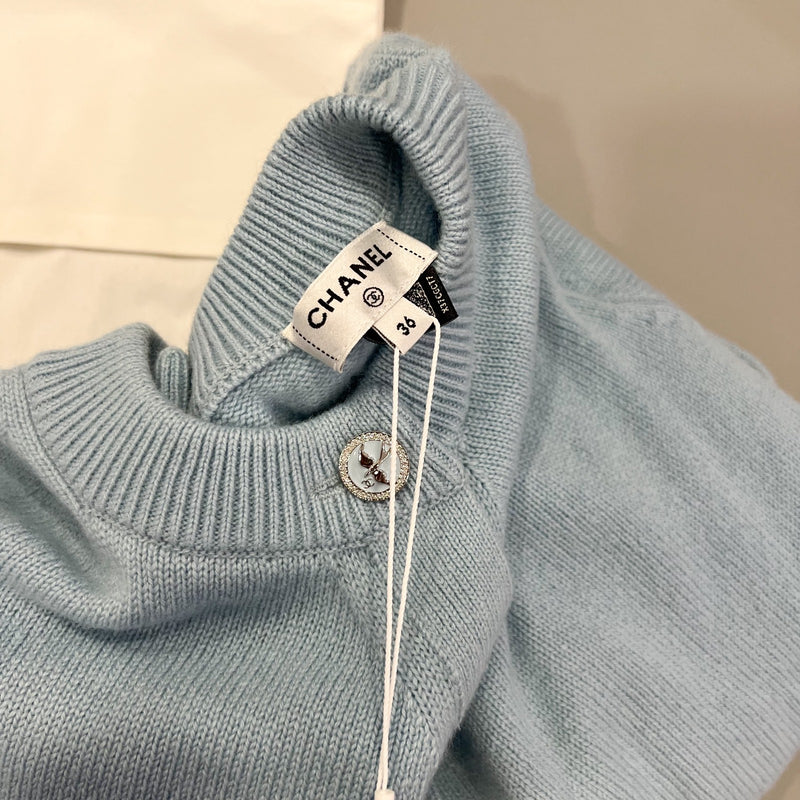 Chanel 25S Knitted Cardigan in Baby Blue 100% Cashmere (Model: P79549)
