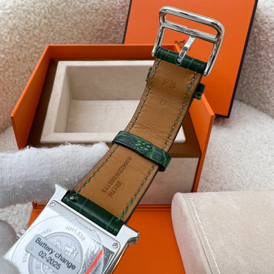 Hermes Heure H MM 30mm Watch with Diamond Bezel and Markers and Green Alligator Strap