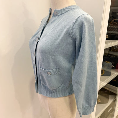 Chanel 25S Knitted Cardigan in Baby Blue 100% Cashmere (Model: P79549)