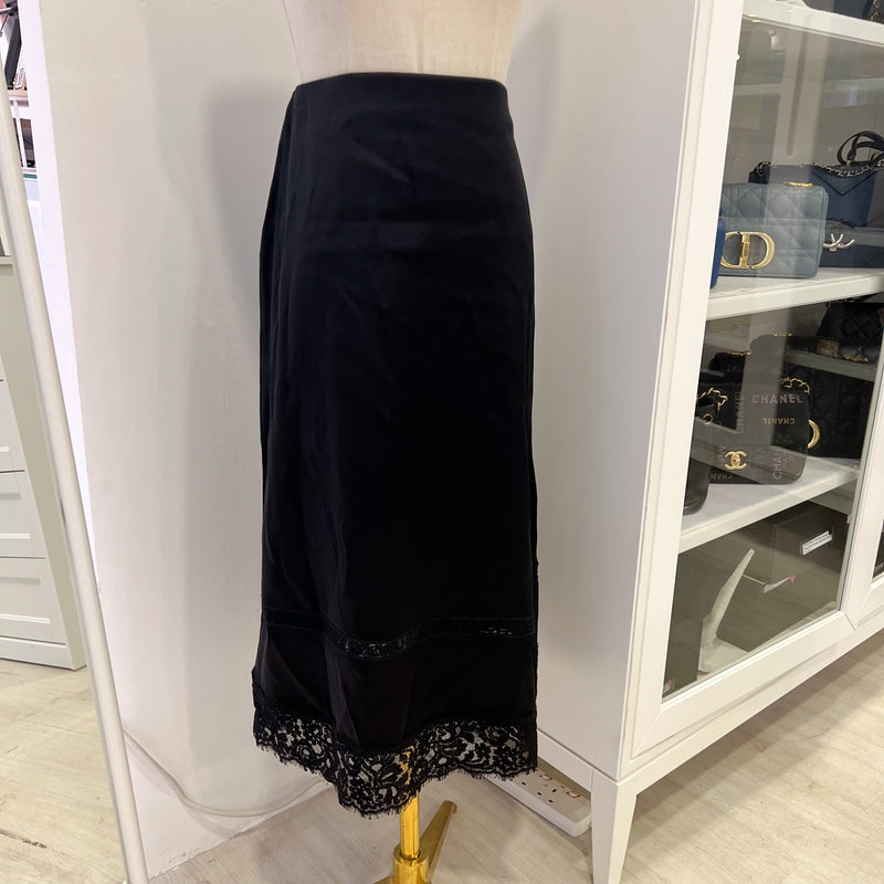 Chanel 25B Midi Skirt in Black Silk Satin and Lace (Model: P80409)