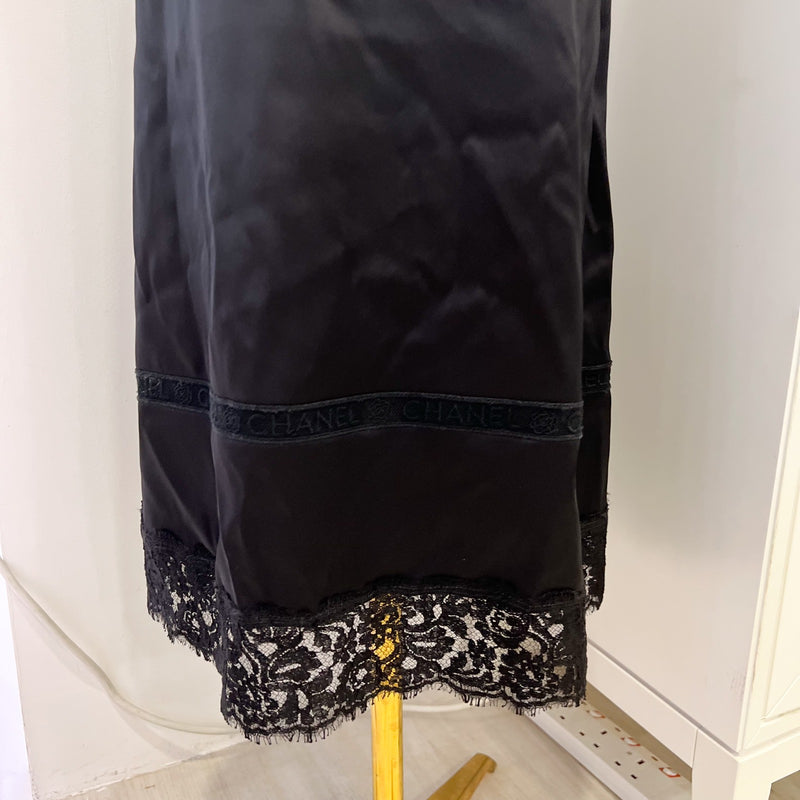 Chanel 25B Midi Skirt in Black Silk Satin and Lace (Model: P80409)