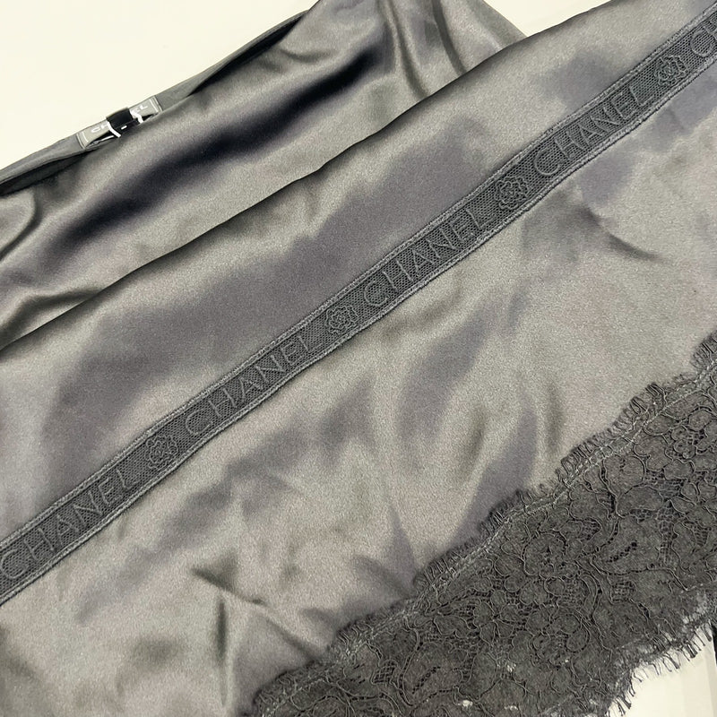 Chanel 25B Midi Skirt in Black Silk Satin and Lace (Model: P80409)