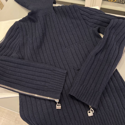 Chanel 24K Knitted Pullover with Zipper and Charms in Navy Wool and Polyamide (Model: P78425)