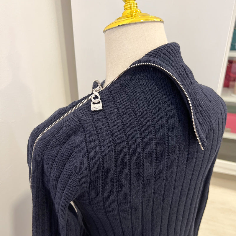 Chanel 24K Knitted Pullover with Zipper and Charms in Navy Wool and Polyamide (Model: P78425)