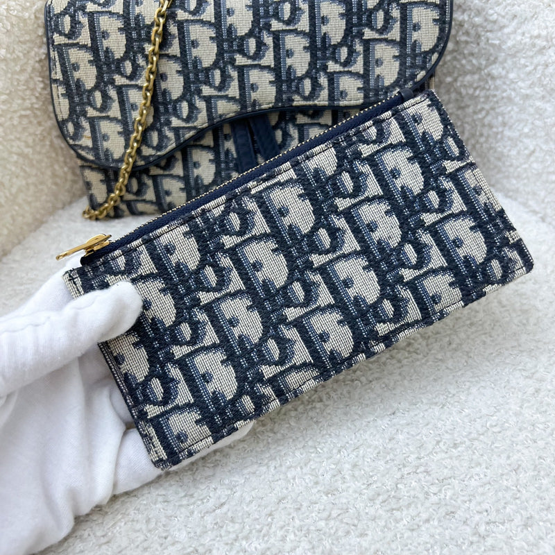 Dior Small Saddle Pouch with Chain in Blue Dior Oblique Jacquard Canvas and GHW