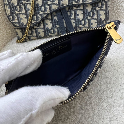 Dior Small Saddle Pouch with Chain in Blue Dior Oblique Jacquard Canvas and GHW