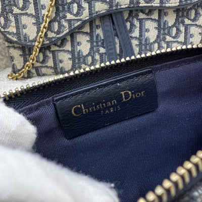 Dior Small Saddle Pouch with Chain in Blue Dior Oblique Jacquard Canvas and GHW