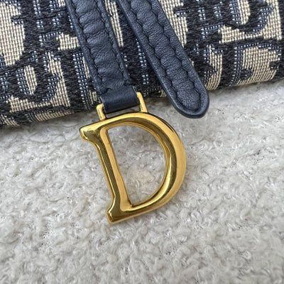 Dior Small Saddle Pouch with Chain in Blue Dior Oblique Jacquard Canvas and GHW