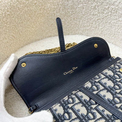 Dior Small Saddle Pouch with Chain in Blue Dior Oblique Jacquard Canvas and GHW