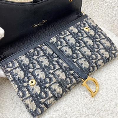 Dior Small Saddle Pouch with Chain in Blue Dior Oblique Jacquard Canvas and GHW