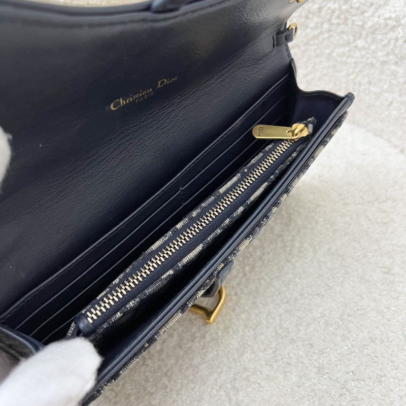 Dior Small Saddle Pouch with Chain in Blue Dior Oblique Jacquard Canvas and GHW