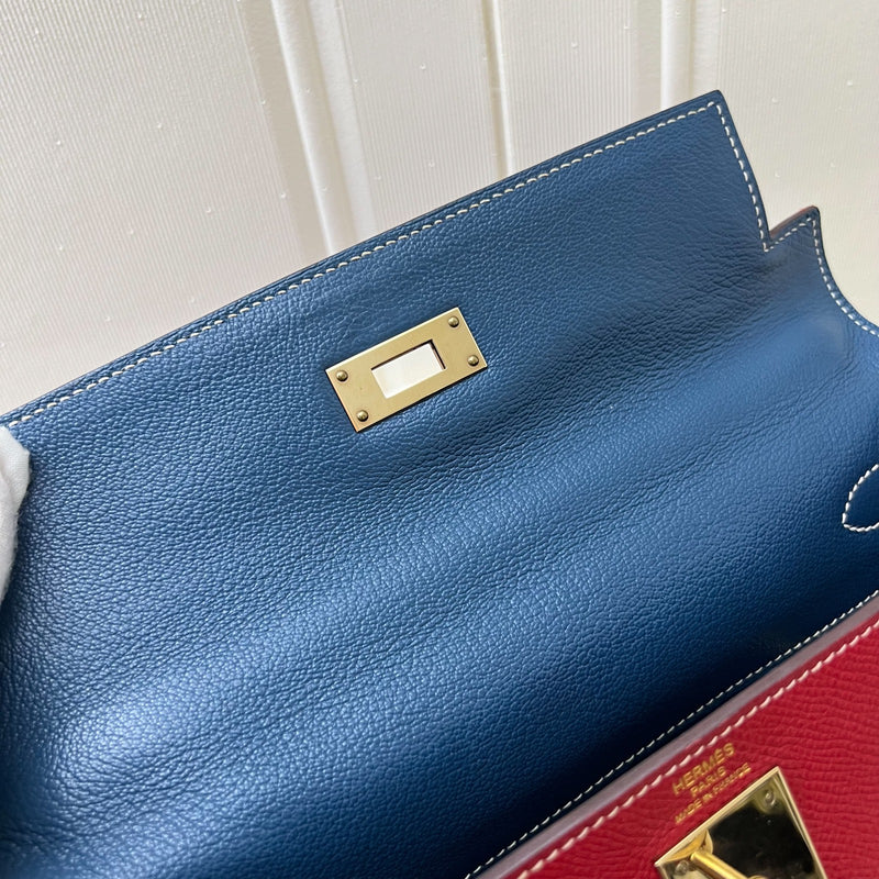 Hermes Kelly 28 in Rouge Casaque Epsom Leather, Bleu Thalassa Interior and GHW