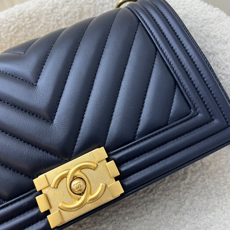 Chanel Medium 25cm Boy Flap in Chevron Quilted Navy Blue Leather and AGHW