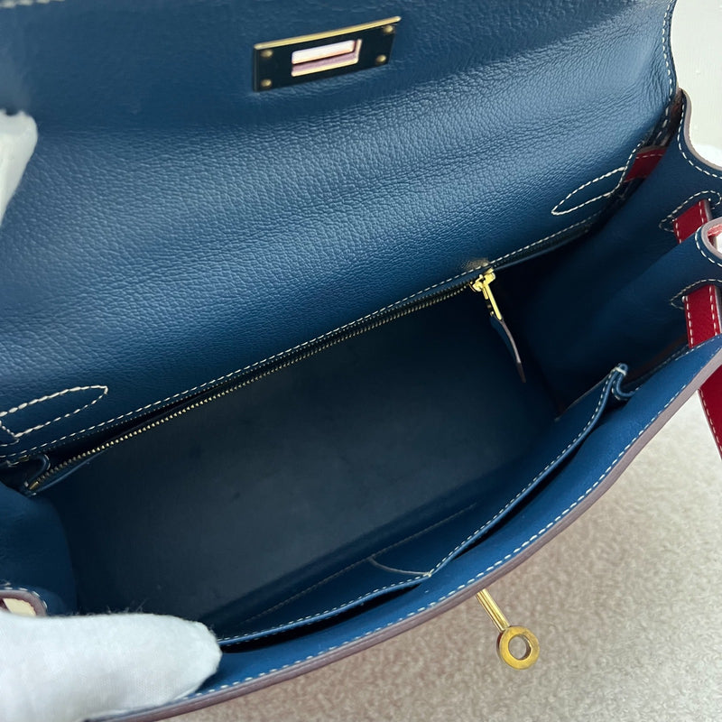 Hermes Kelly 28 in Rouge Casaque Epsom Leather, Bleu Thalassa Interior and GHW