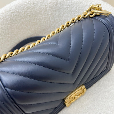 Chanel Medium 25cm Boy Flap in Chevron Quilted Navy Blue Leather and AGHW