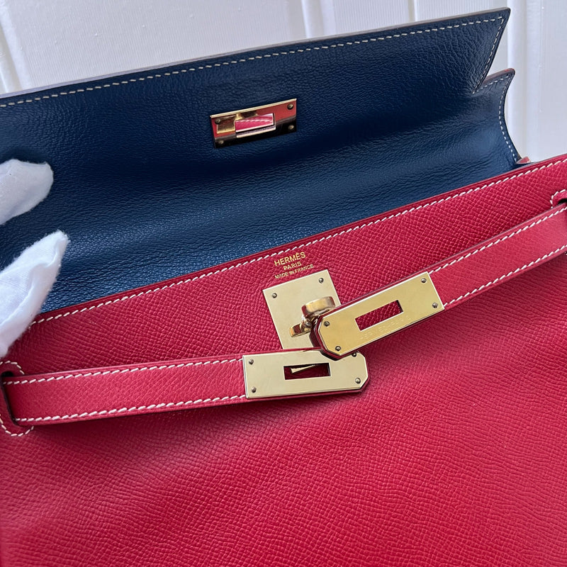 Hermes Kelly 28 in Rouge Casaque Epsom Leather, Bleu Thalassa Interior and GHW