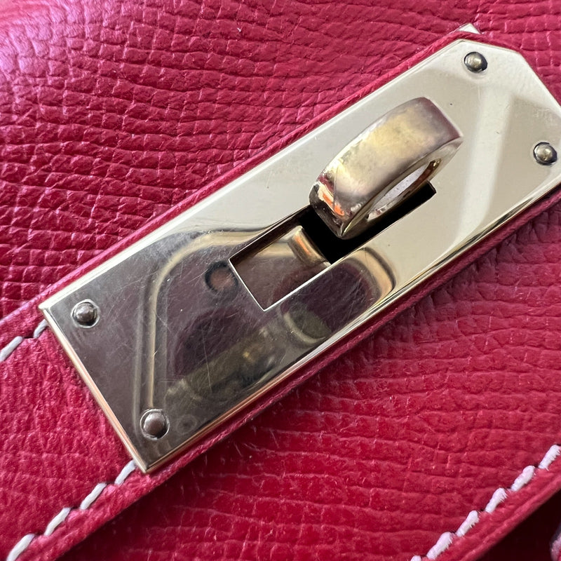 Hermes Kelly 28 in Rouge Casaque Epsom Leather, Bleu Thalassa Interior and GHW