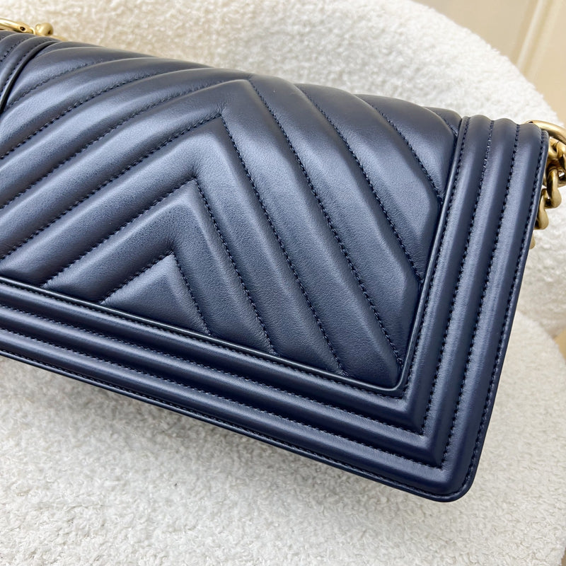 Chanel Medium 25cm Boy Flap in Chevron Quilted Navy Blue Leather and AGHW