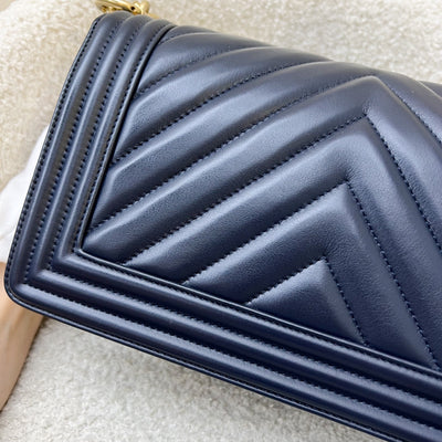 Chanel Medium 25cm Boy Flap in Chevron Quilted Navy Blue Leather and AGHW