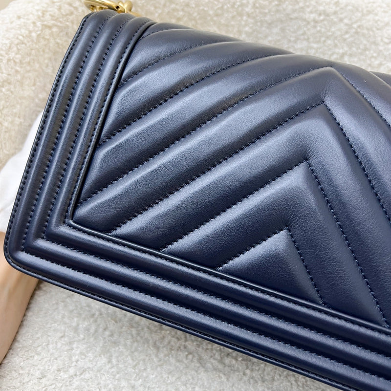 Chanel Medium 25cm Boy Flap in Chevron Quilted Navy Blue Leather and AGHW